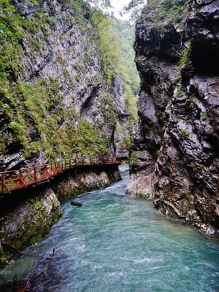 Une passerelle des gorges de Vintgar, au-dessus de la Radovna.