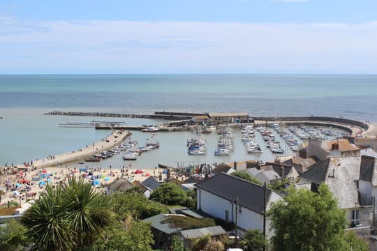 Le port de Lyme Regis et la courbe du Cobb, vus des hauteurs de la ville.