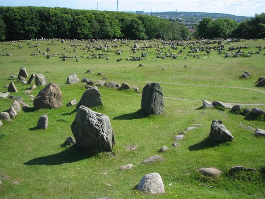 Les pierres dressées en forme de navire de Lindholm Høje.