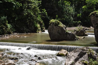 Le torrent de Bicaz entre les blocs et les parois boisées des gorges.