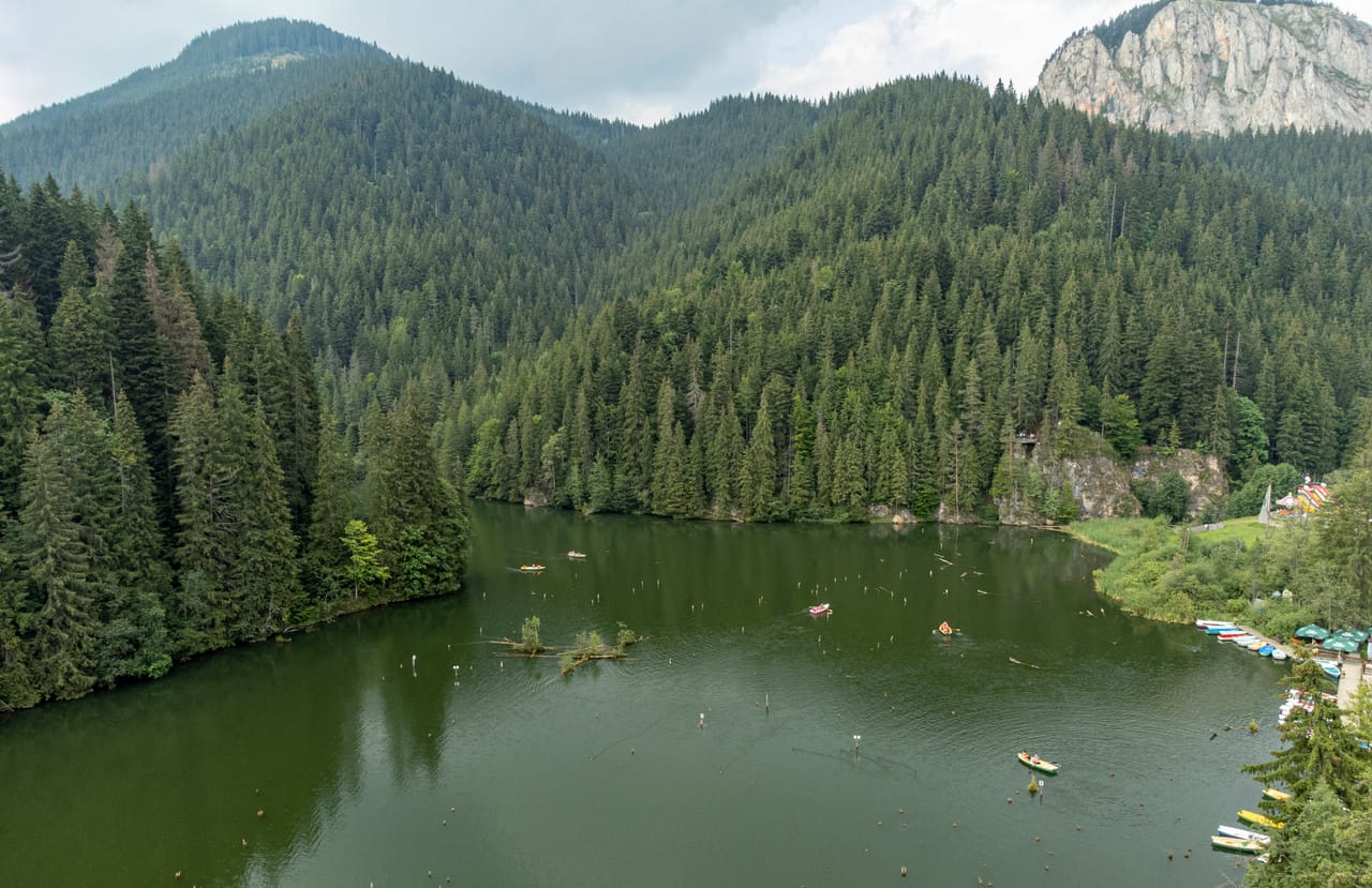 Le Lacul Roșu entre les sapins, sous les falaises du Suhard.