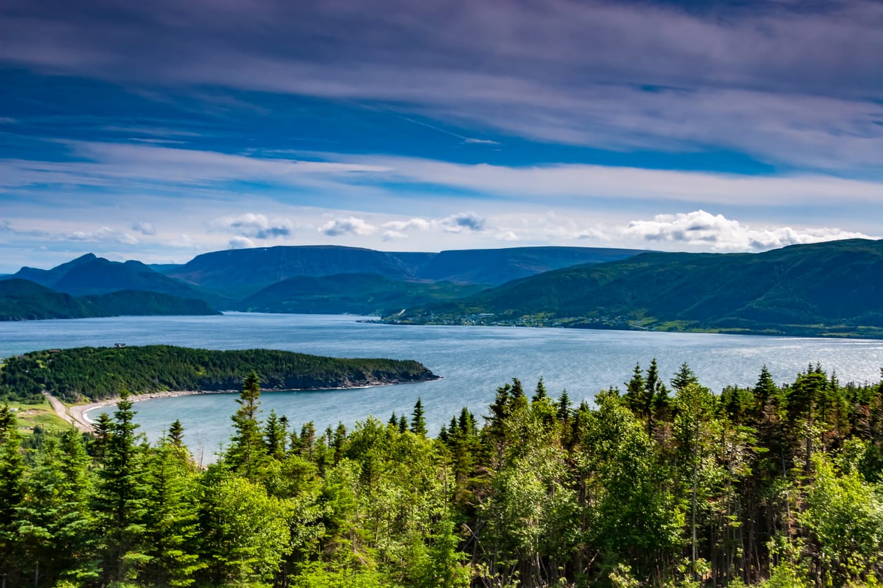 Bonne Bay et ses montagnes boisées sous un ciel bleu, dans le parc national du Gros-Morne.