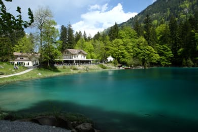 Le Blausee et sa maison au bord de l’eau, entre les sapins.