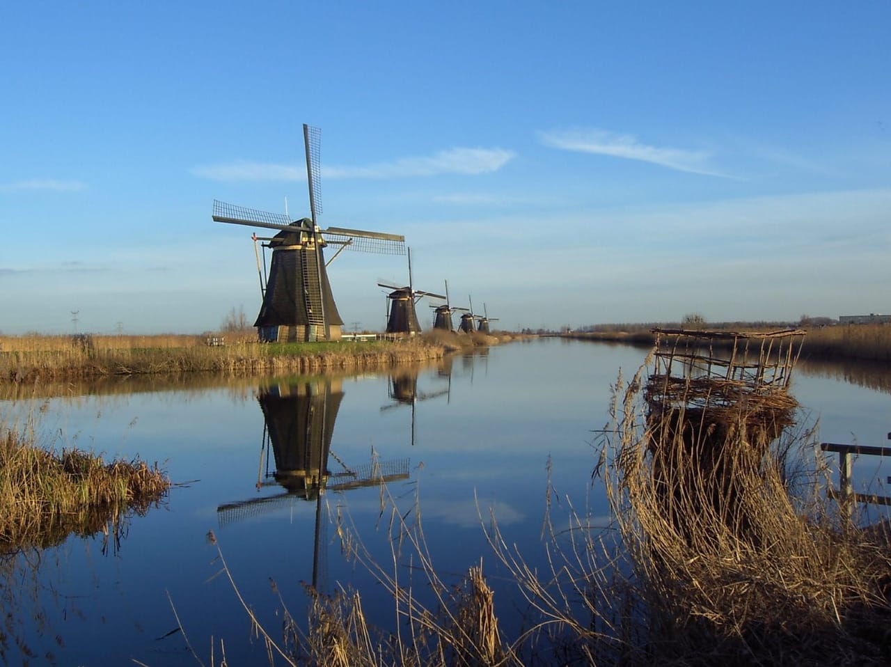 Les moulins de Kinderdijk alignés le long d’un canal.