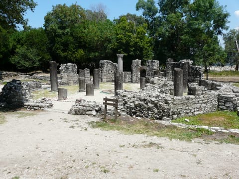 Le baptistère de Butrint et ses cercles de colonnes, dans la forêt.