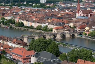 Würzburg, il Meno e il vecchio ponte con le statue.