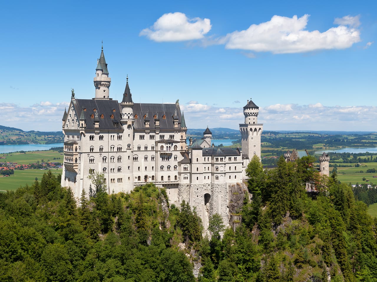Neuschwanstein sul suo sperone boscoso, con il Forggensee e la pianura in lontananza.