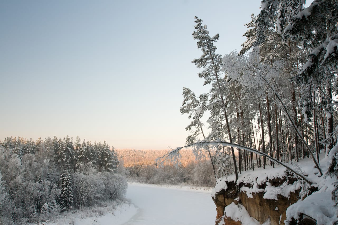 La vallée de la Gauja sous la neige, vue depuis les falaises d’Ērgļu klintis.