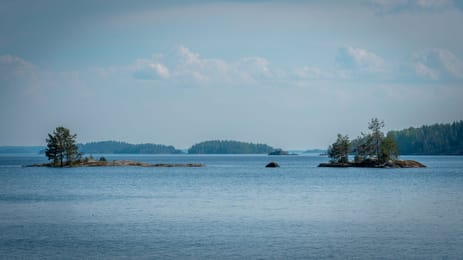 Les îlots boisés du lac Saimaa sous le ciel d’été.