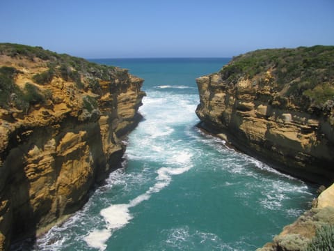 Loch Ard Gorge vue d’en haut, le goulet entre les falaises où les deux rescapés du Loch Ard ont touché terre.