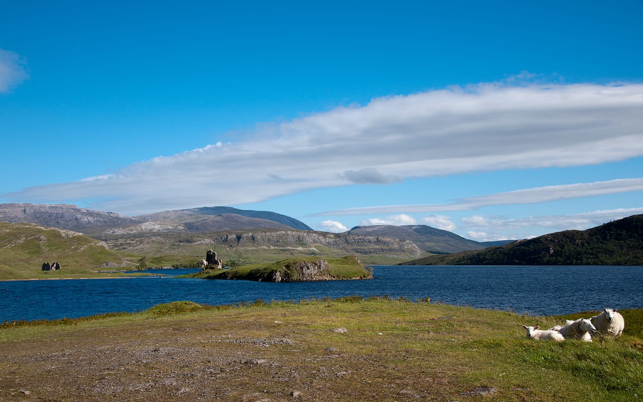 Le Loch Assynt, avec la ruine d’Ardvreck Castle sur sa presqu’île et Calda House à gauche.