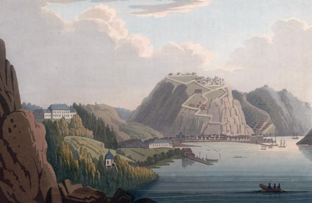 Fredriksten au-dessus de Halden, aquatinte de John William Edy, vers 1800.