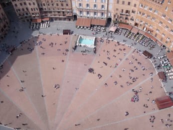 La Piazza del Campo vue de la Torre del Mangia : la coquille de briques et ses neuf secteurs.