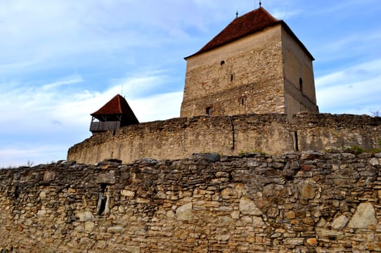 Le donjon de Câlnic au-dessus de son mur d’enceinte.