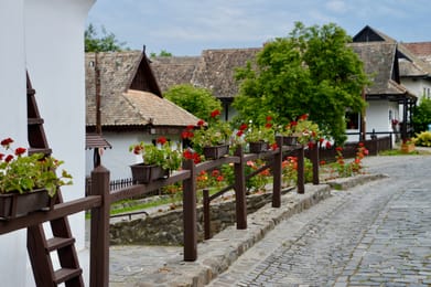 La rue pavée du vieux village de Hollókő, ses maisons blanches et ses géraniums.