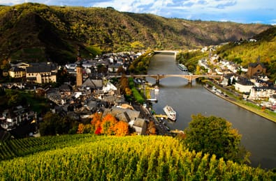Cochem e a sua ponte sobre o Mosela, atrás das vinhas de outono.