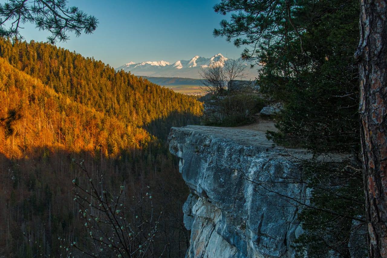 Le rocher de Tomášovský výhľad au-dessus de la gorge du Hornád, les Hautes Tatras enneigées au loin.