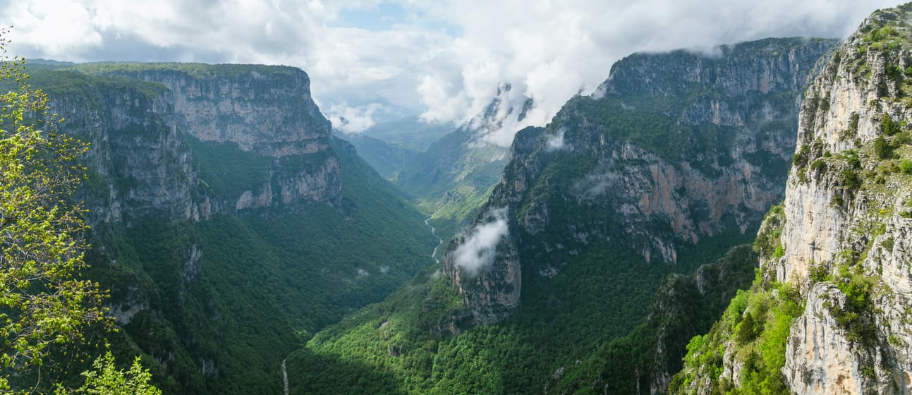 La gorge de Vikos en plan large, ses parois de calcaire et sa forêt sous les nuages.